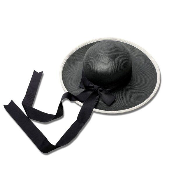 Vintage Filene's Wide Brim Straw Sun Hat Black White Grosgrain Ribbon Bow - Picture 2 of 10